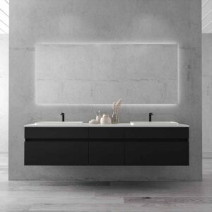Mueble de baño suspendido DUNE  6 cajones con encimera SOLID SURFACE 2 senos NEGRO