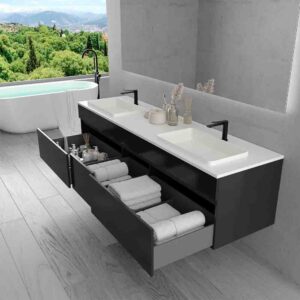 Mueble de baño suspendido DUNE  6 cajones con encimera SOLID SURFACE 2 senos NEGRO