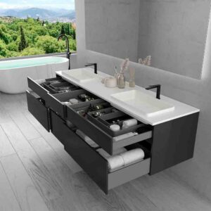 Mueble de baño suspendido DUNE  6 cajones con encimera SOLID SURFACE 2 senos NEGRO