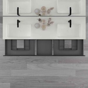 Mueble de baño suspendido DUNE  6 cajones con encimera SOLID SURFACE 2 senos NEGRO