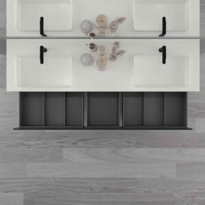 Mueble de baño suspendido DUNE  6 cajones con encimera SOLID SURFACE 2 senos NEGRO