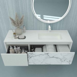 Mueble de baño DUPLEX suspendido 2 cajones acabado mármol CALACATTA/BLANCO MATE