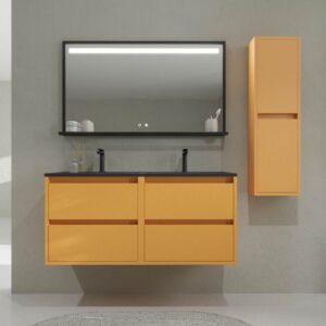 Mueble de baño suspendido 4 cajones CLAIRE con lavabo 2 senos Solid Surface AMARILLO AZAFRÁN