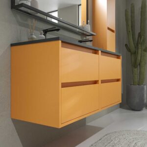 Mueble de baño suspendido 4 cajones CLAIRE con lavabo 2 senos Solid Surface AMARILLO AZAFRÁN