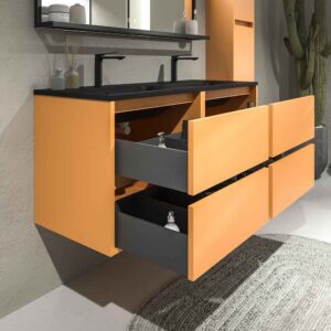 Mueble de baño suspendido 4 cajones CLAIRE con lavabo 2 senos Solid Surface AMARILLO AZAFRÁN