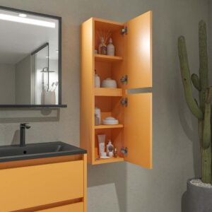 Mueble de baño suspendido 4 cajones CLAIRE con lavabo 2 senos Solid Surface AMARILLO AZAFRÁN