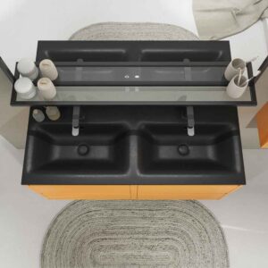 Mueble de baño suspendido 4 cajones CLAIRE con lavabo 2 senos Solid Surface AMARILLO AZAFRÁN