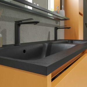 Mueble de baño suspendido 4 cajones CLAIRE con lavabo 2 senos Solid Surface AMARILLO AZAFRÁN