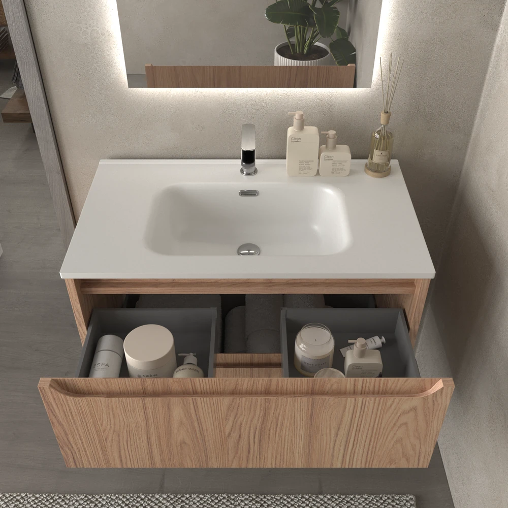 Mueble de baño suspendido 2 cajones TOSCANA con lavabo porcelana acabado CEMBRANO - Imagen 4