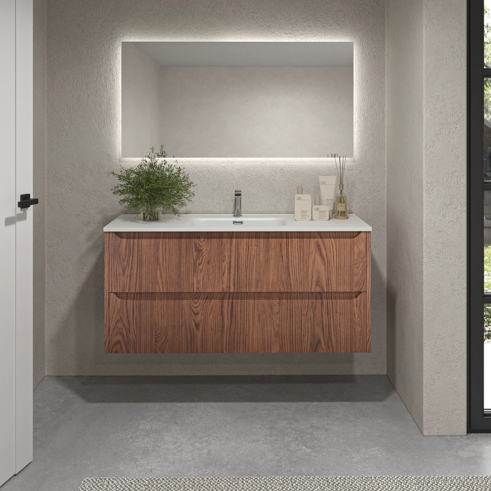 Mueble de baño suspendido 2 cajones TOSCANA con lavabo porcelana acabado ABEDUL