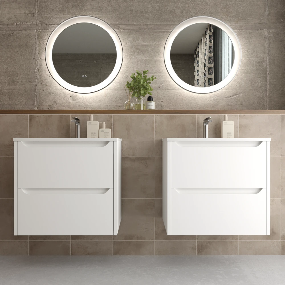 Mueble de baño suspendido 2 cajones TOSCANA con lavabo porcelana acabado BLANCO
