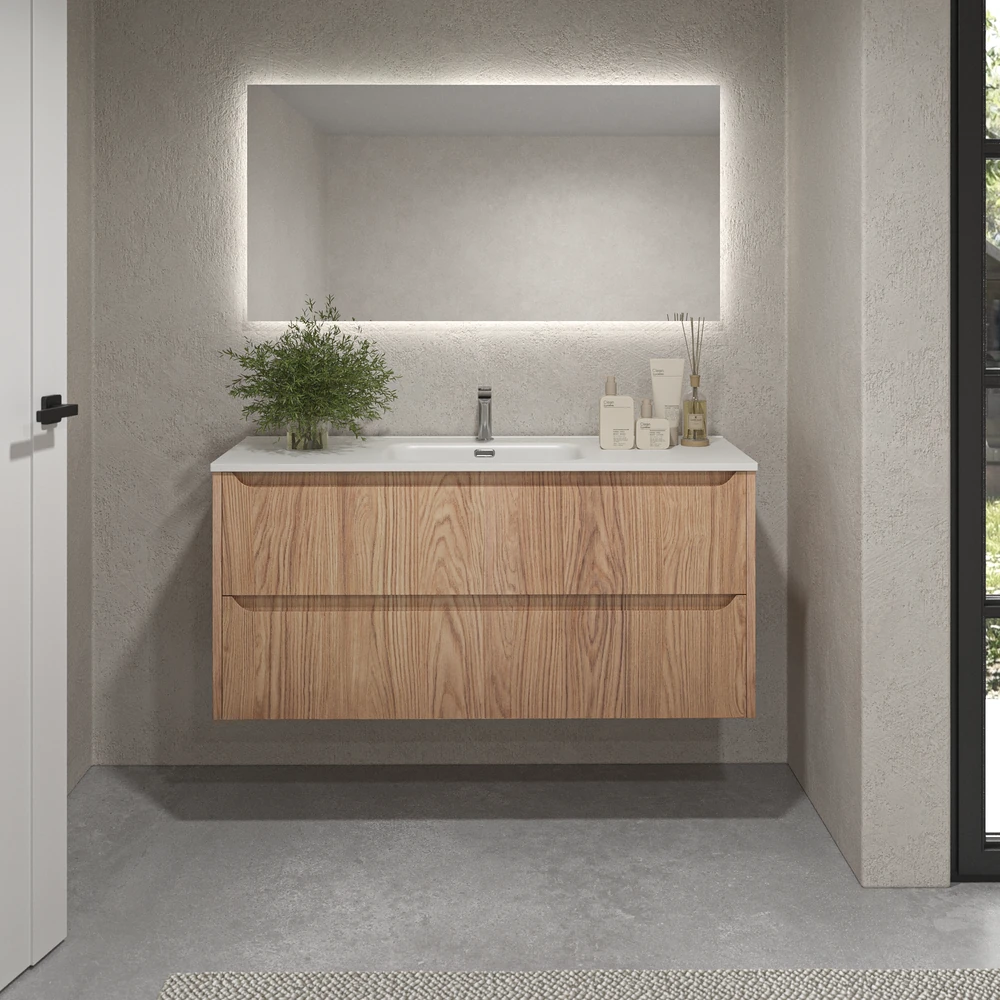 Mueble de baño suspendido 2 cajones TOSCANA con lavabo porcelana acabado CEMBRANO