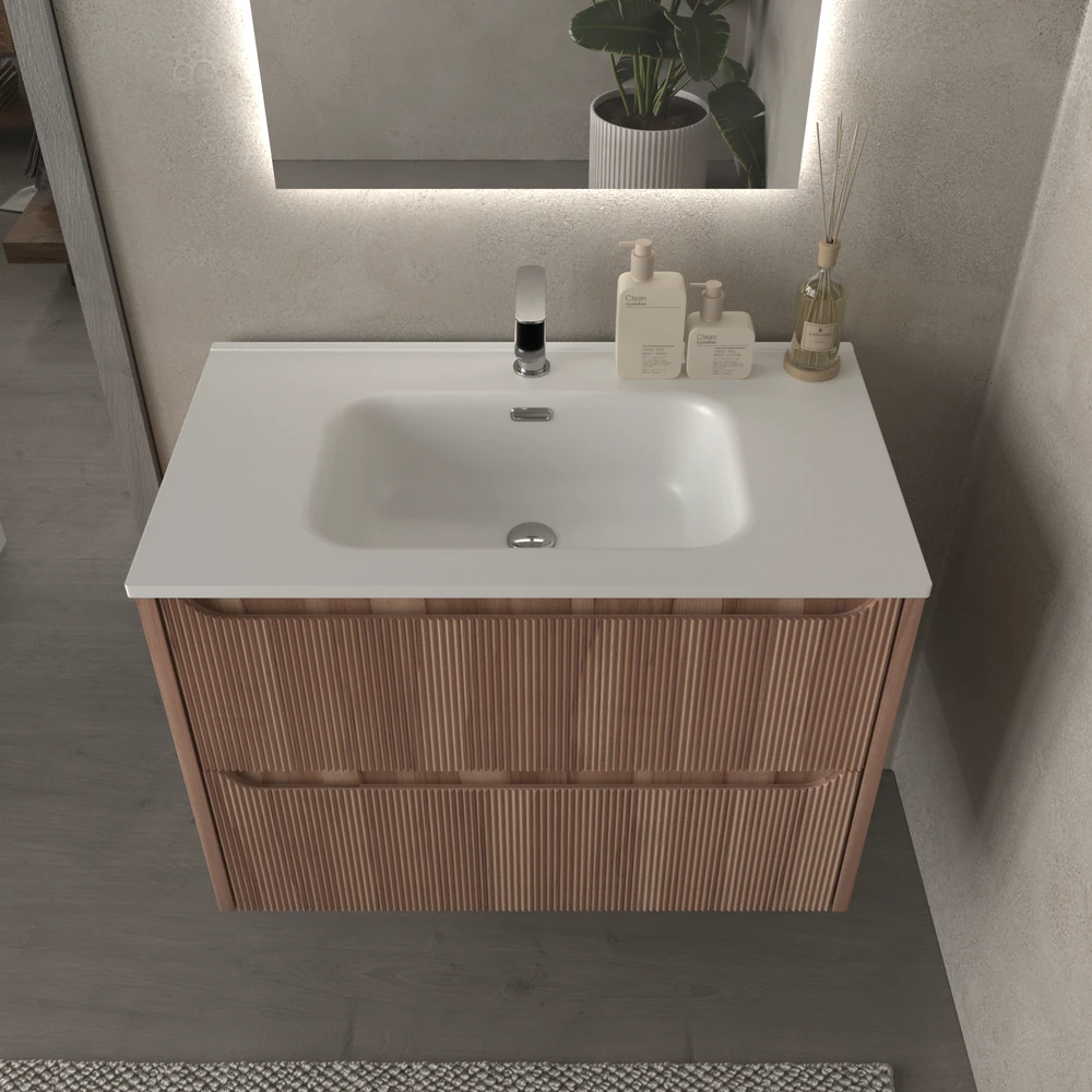 Mueble de baño suspendido 2 cajones TOSCANA con lavabo porcelana acabado millerigue OLIVO - Imagen 2