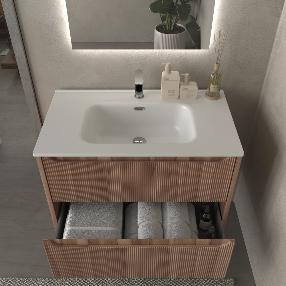 Mueble de baño suspendido 2 cajones TOSCANA con lavabo porcelana acabado millerigue OLIVO - Imagen 4