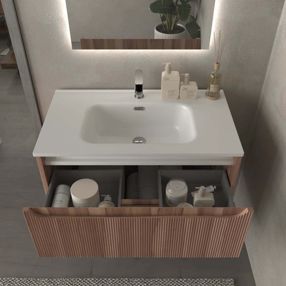 Mueble de baño suspendido 2 cajones TOSCANA con lavabo porcelana acabado millerigue OLIVO - Imagen 3