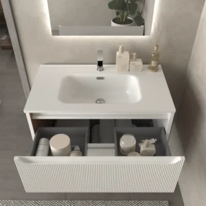Mueble de baño suspendido 2 cajones TOSCANA con lavabo porcelana acabado millerigue BLANCO