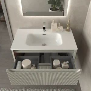 Mueble de baño suspendido 2 cajones TOSCANA con lavabo porcelana acabado millerigue GRIS SEDA