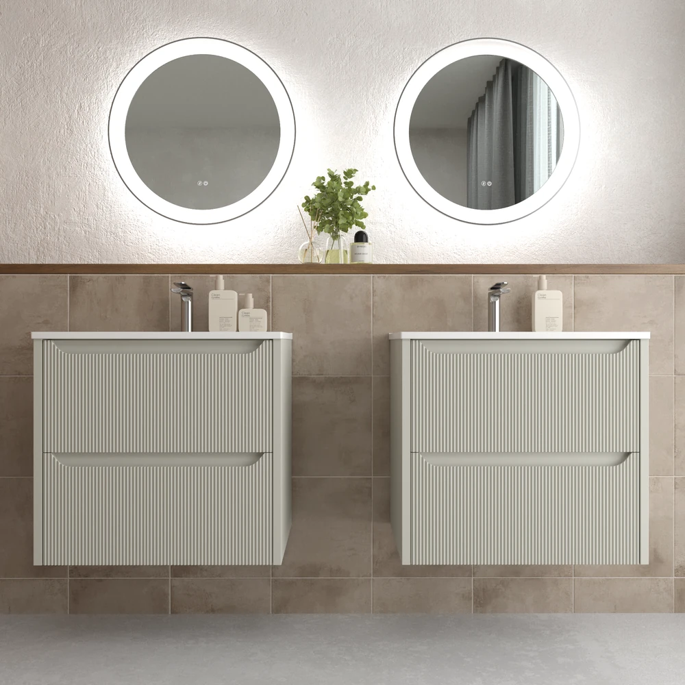 Mueble de baño suspendido 2 cajones TOSCANA con lavabo porcelana acabado millerigue GRIS SEDA