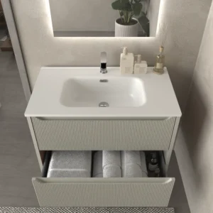 Mueble de baño suspendido 2 cajones TOSCANA con lavabo porcelana acabado millerigue GRIS SEDA
