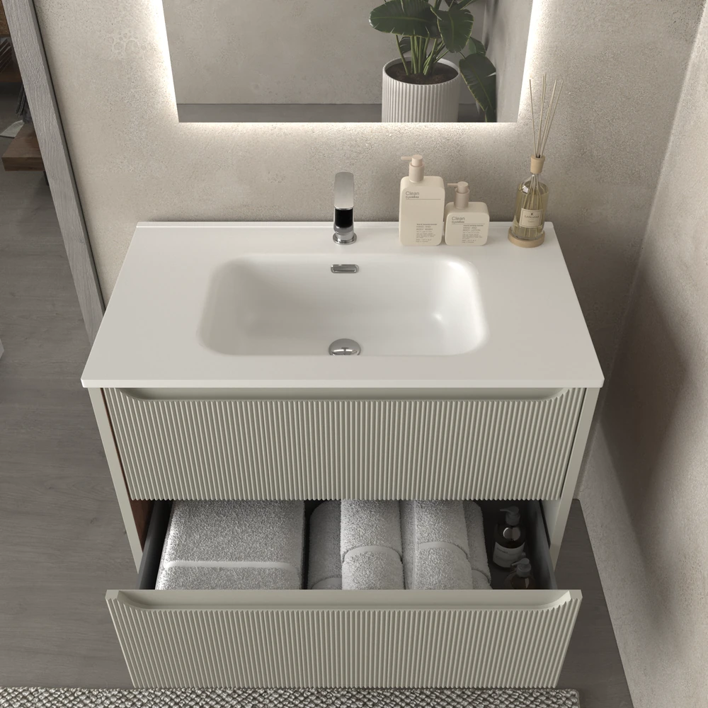 Mueble de baño suspendido 2 cajones TOSCANA con lavabo porcelana acabado millerigue GRIS SEDA - Imagen 3