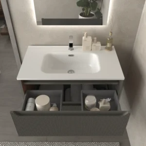 Mueble de baño suspendido 2 cajones TOSCANA con lavabo porcelana acabado millerigue TOPO