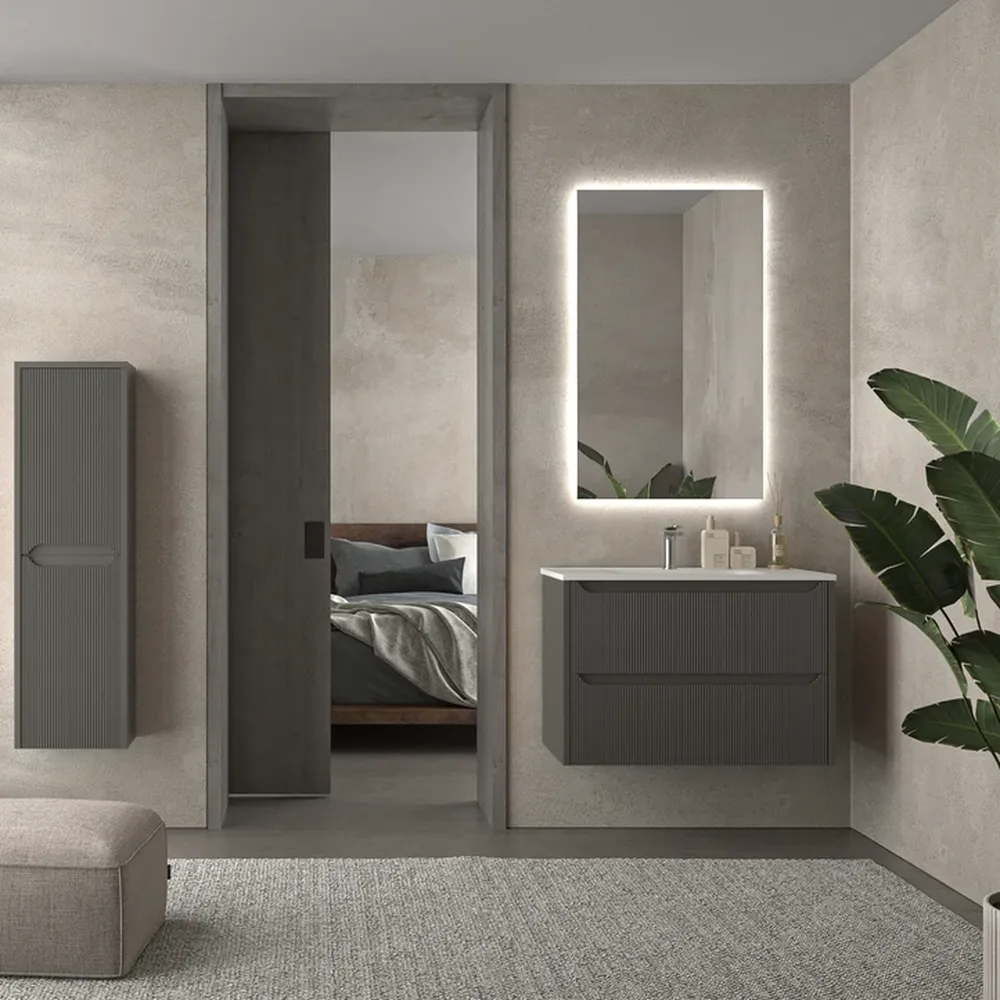 Mueble de baño suspendido 2 cajones TOSCANA con lavabo porcelana acabado millerigue TOPO