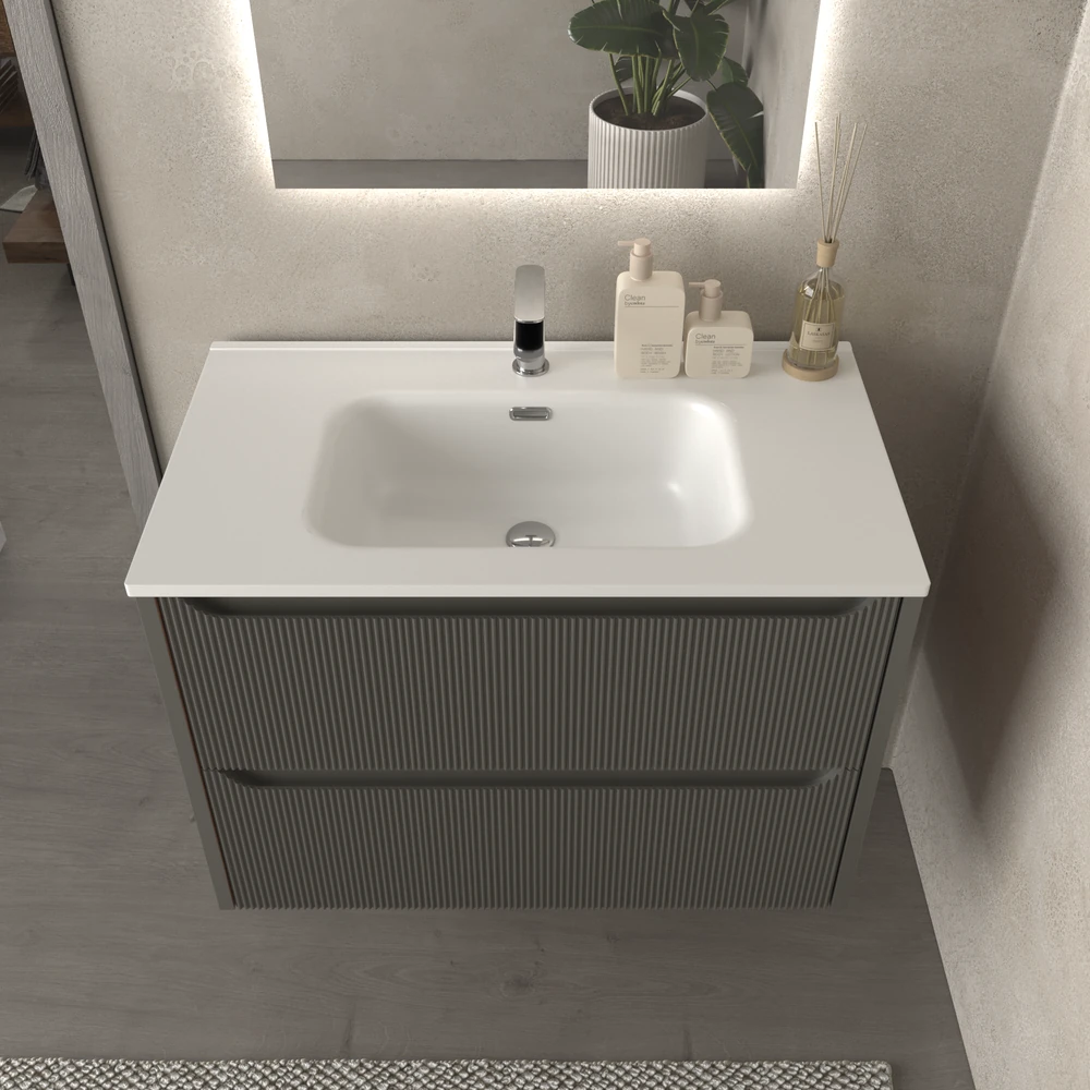 Mueble de baño suspendido 2 cajones TOSCANA con lavabo porcelana acabado millerigue TOPO - Imagen 2