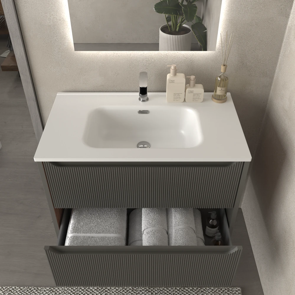 Mueble de baño suspendido 2 cajones TOSCANA con lavabo porcelana acabado millerigue TOPO - Imagen 3