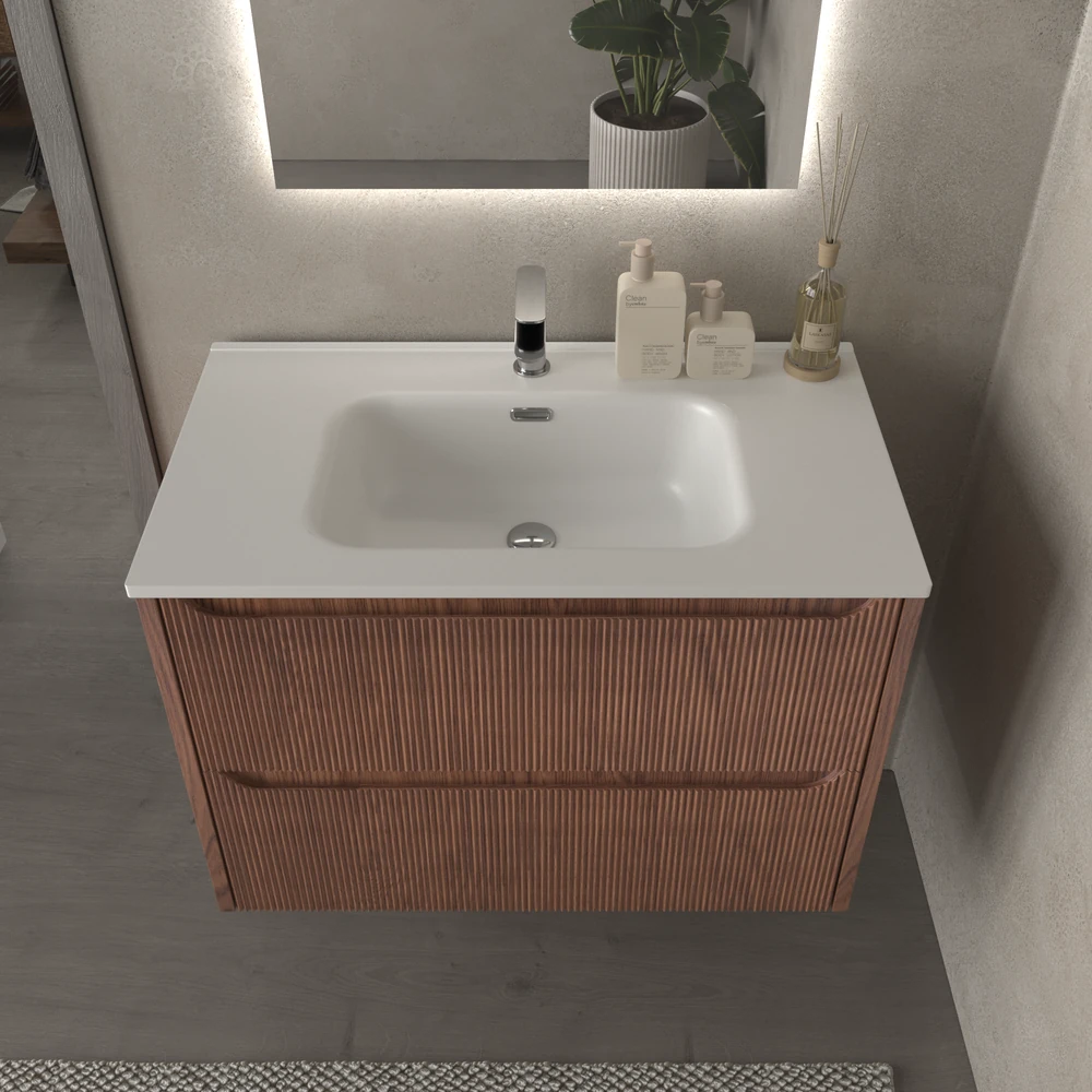Mueble de baño suspendido 2 cajones TOSCANA con lavabo porcelana acabado millerigue ABEDUL - Imagen 4