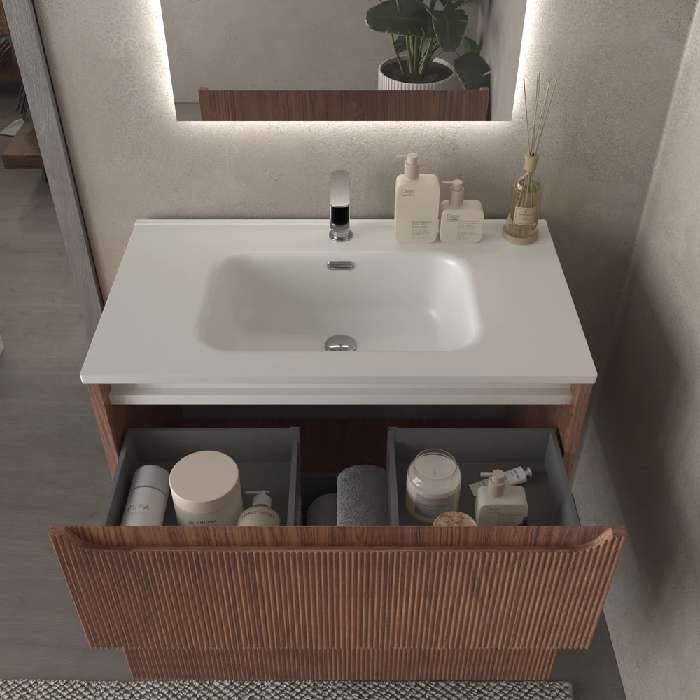 Mueble de baño suspendido 2 cajones TOSCANA con lavabo porcelana acabado millerigue ABEDUL - Imagen 2
