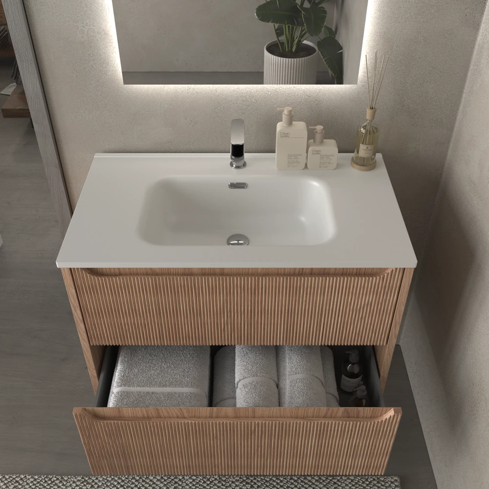 Mueble de baño suspendido 2 cajones TOSCANA con lavabo porcelana acabado millerigue CEMBRANO - Imagen 5