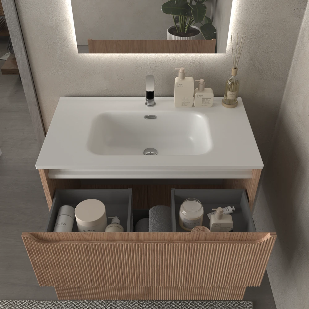 Mueble de baño suspendido 2 cajones TOSCANA con lavabo porcelana acabado millerigue CEMBRANO - Imagen 4