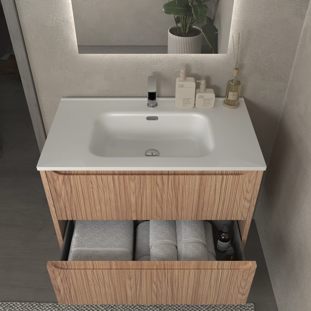 Mueble de baño suspendido 2 cajones TOSCANA con lavabo porcelana acabado squadratto CEMBRANO - Imagen 5