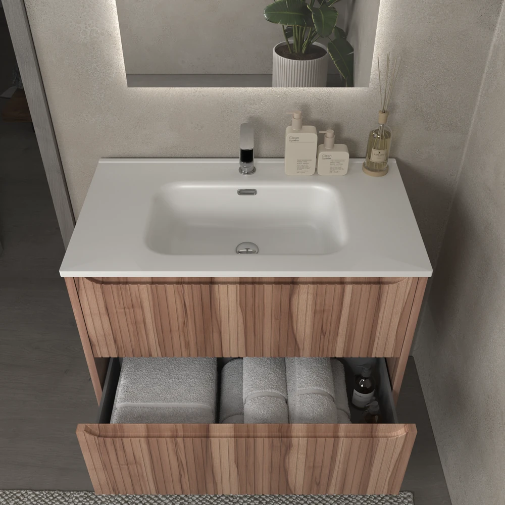 Mueble de baño suspendido 2 cajones TOSCANA con lavabo porcelana acabado squadratto OLIVO - Imagen 5