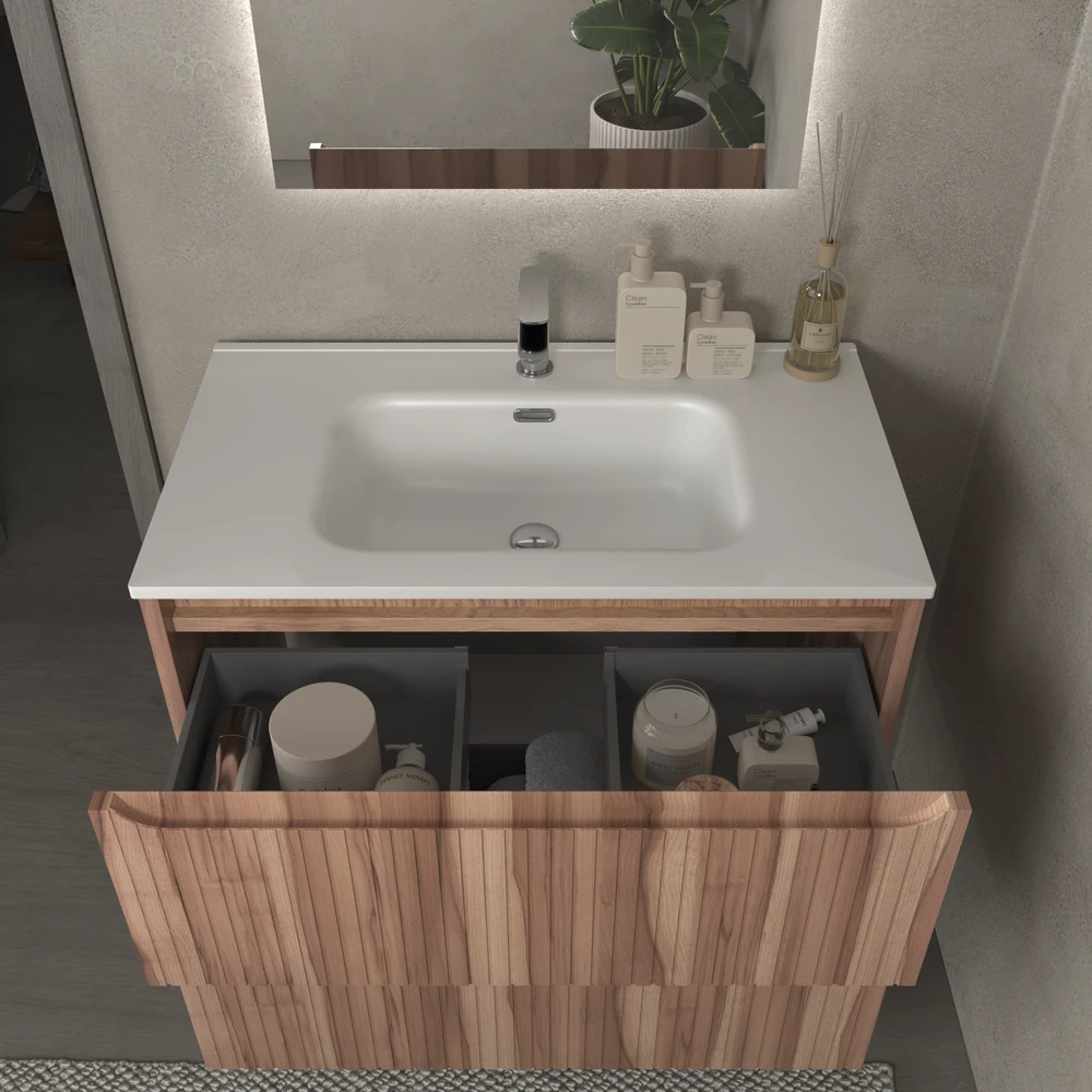 Mueble de baño suspendido 2 cajones TOSCANA con lavabo porcelana acabado squadratto OLIVO - Imagen 4