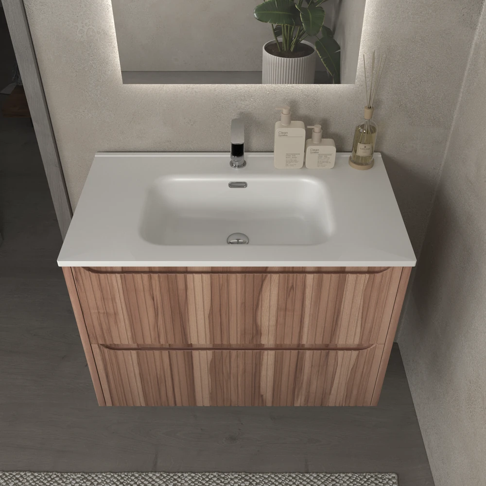 Mueble de baño suspendido 2 cajones TOSCANA con lavabo porcelana acabado squadratto OLIVO - Imagen 2