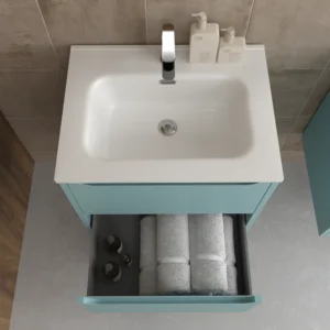 Mueble de baño suspendido 2 cajones TOSCANA con lavabo porcelana acabado TURQUESA