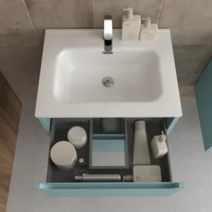 Mueble de baño suspendido 2 cajones TOSCANA con lavabo porcelana acabado TURQUESA