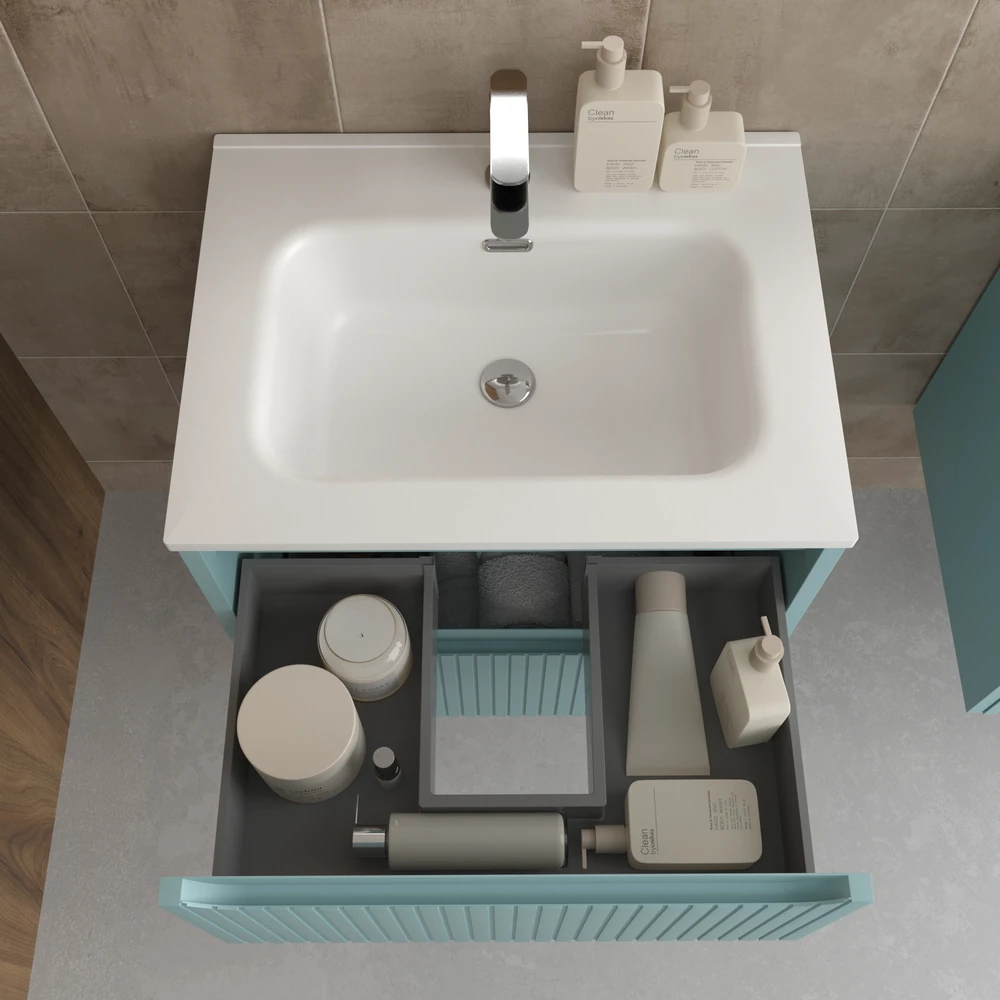 Mueble de baño suspendido 2 cajones TOSCANA con lavabo porcelana acabado squadratto TURQUESA - Imagen 2