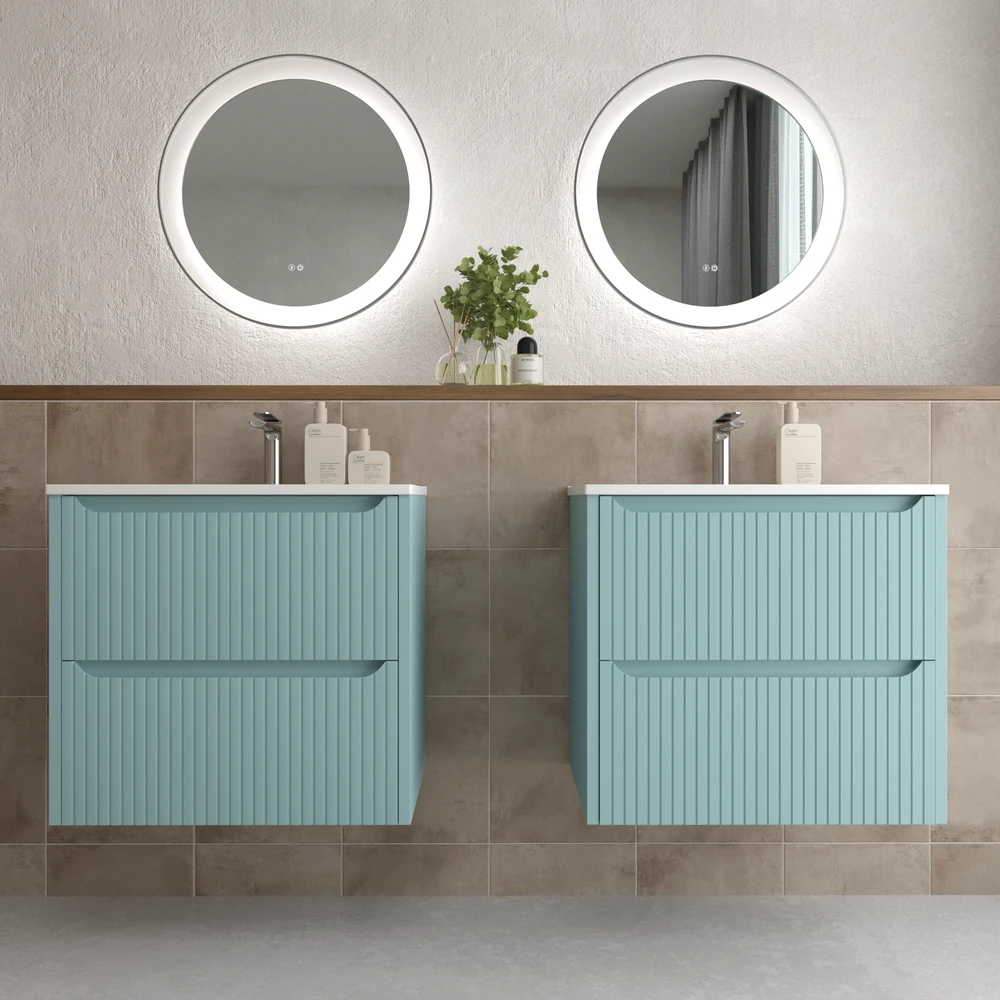 Mueble de baño suspendido 2 cajones TOSCANA con lavabo porcelana acabado squadratto TURQUESA