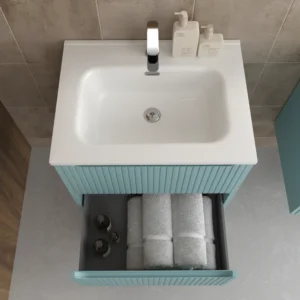 Mueble de baño suspendido 2 cajones TOSCANA con lavabo porcelana acabado squadratto TURQUESA