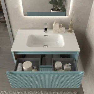 Mueble de baño suspendido 2 cajones TOSCANA con lavabo porcelana acabado millerigue TURQUESA