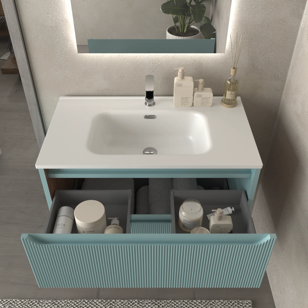 Mueble de baño suspendido 2 cajones TOSCANA con lavabo porcelana acabado millerigue TURQUESA - Imagen 4
