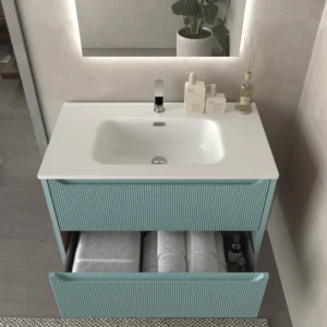 Mueble de baño suspendido 2 cajones TOSCANA con lavabo porcelana acabado millerigue TURQUESA