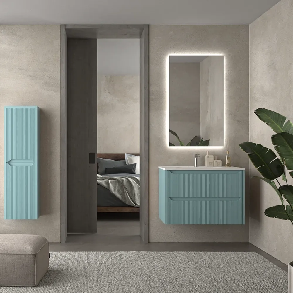Mueble de baño suspendido 2 cajones TOSCANA con lavabo porcelana acabado millerigue TURQUESA