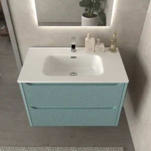 Mueble de baño suspendido 2 cajones TOSCANA con lavabo porcelana acabado millerigue TURQUESA