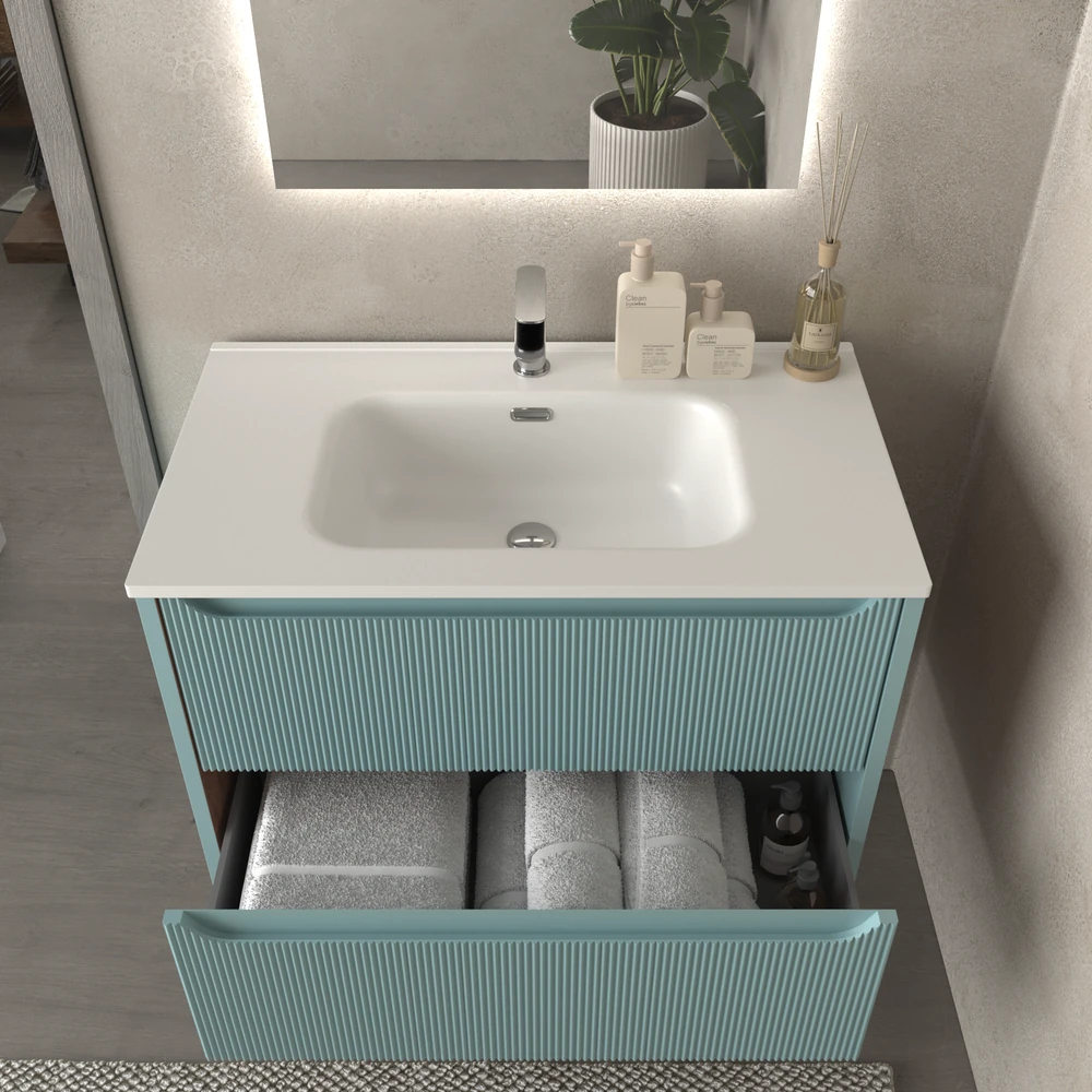 Mueble de baño suspendido 2 cajones TOSCANA con lavabo porcelana acabado millerigue TURQUESA - Imagen 2