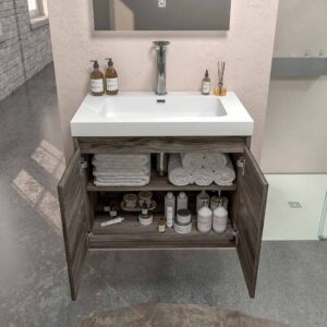 Mueble de baño suspendido 2 puertas CARMEN con lavabo resina acabado OLMO WABI