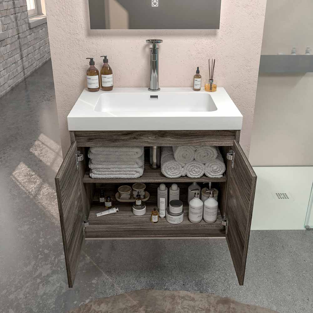 Mueble de baño suspendido 2 puertas CARMEN con lavabo resina acabado OLMO WABI - Imagen 4