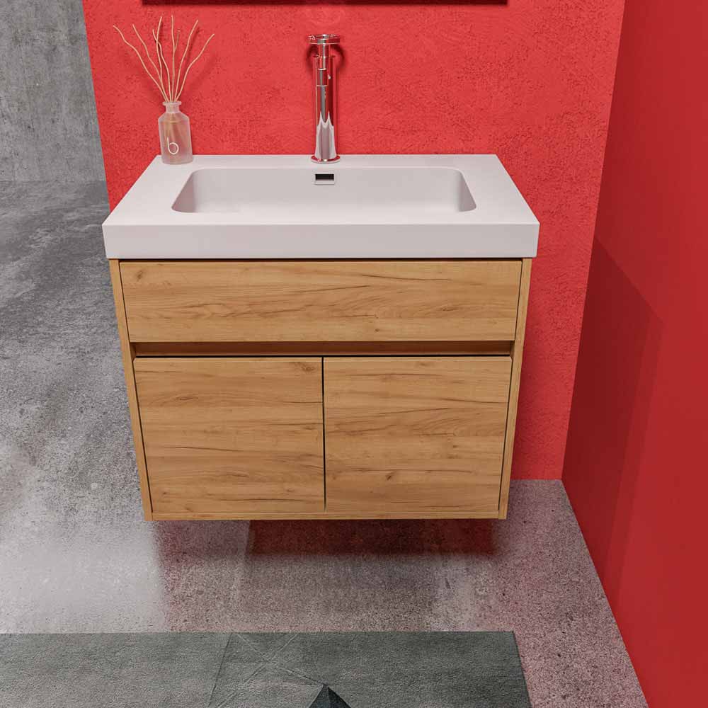Mueble de baño suspendido 2 puertas / 1 cajón CARMEN con lavabo resina acabado ROBLE CLARO - Imagen 3